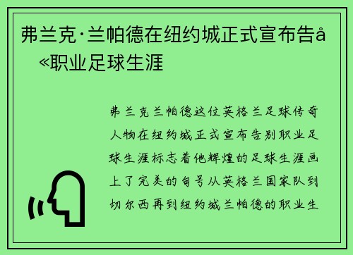 弗兰克·兰帕德在纽约城正式宣布告别职业足球生涯 弗兰克·兰帕德在纽约城正式宣布告别职业足球生涯
